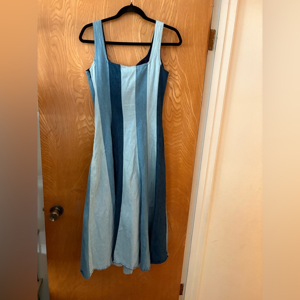 Anthropologie x Farm Rio Blue and White denim color blocked Midi Dress S - Picture 12 of 13